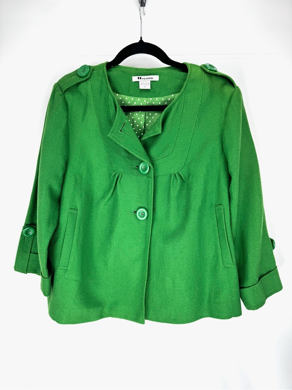 Nygard Green Linen Peacoat Jacket - Polka Dot Lined